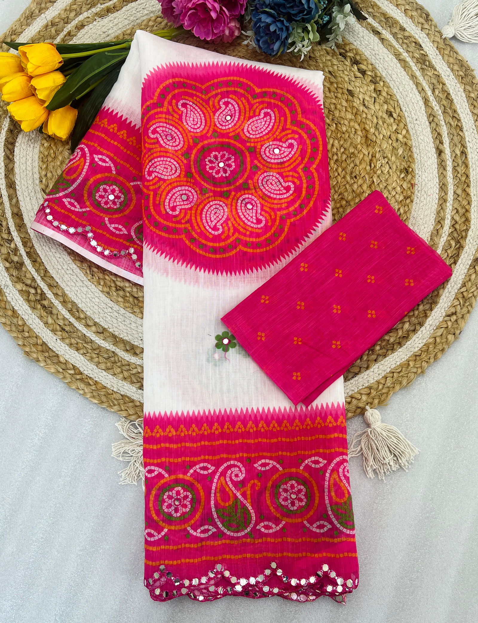 MG 407 Plain Linen Mirror Work With Digital Printed Sarees Wholesale Shop In Surat
